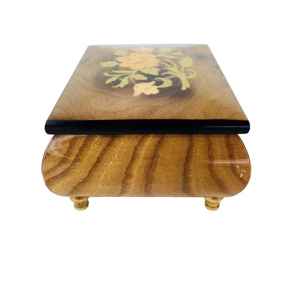 Vintage Wood Inlay Jewelry Box Ercolano Musical Movement Fascination Italy